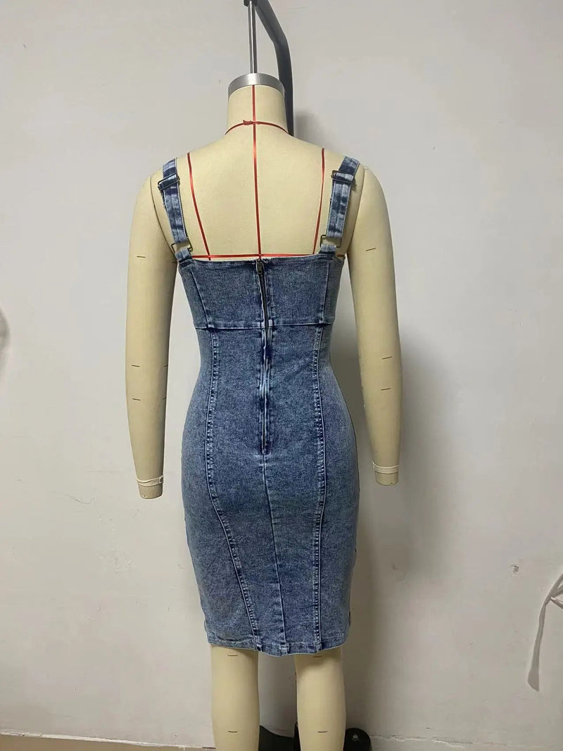 Sexy U-Neck Denim Tube Top Dress – Slim-Fit Bodycon Slit Dress for Trendy Streetwear & Summer Party Looks