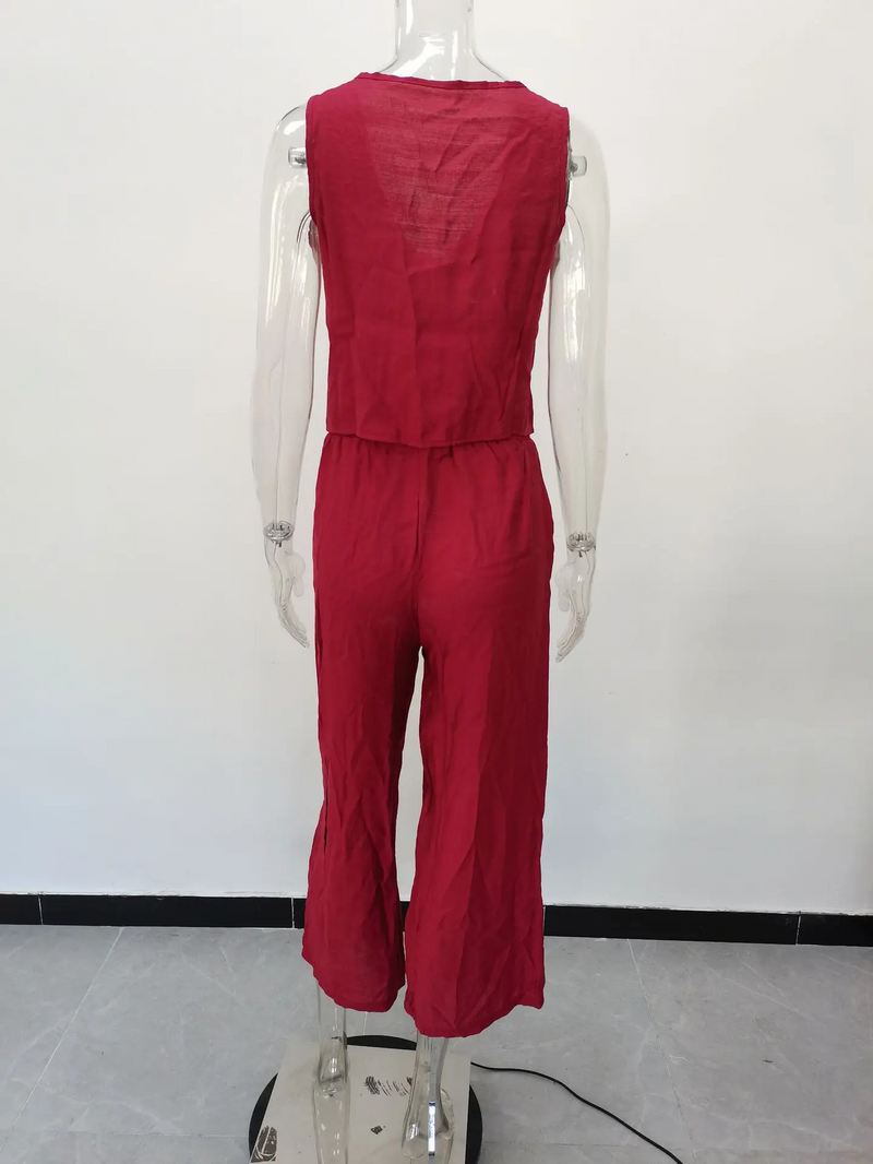 Cotton Linen Two-Piece Office Set – V-Neck Vest & Wide Leg Pants for Casual Elegance and Everyday Comfort