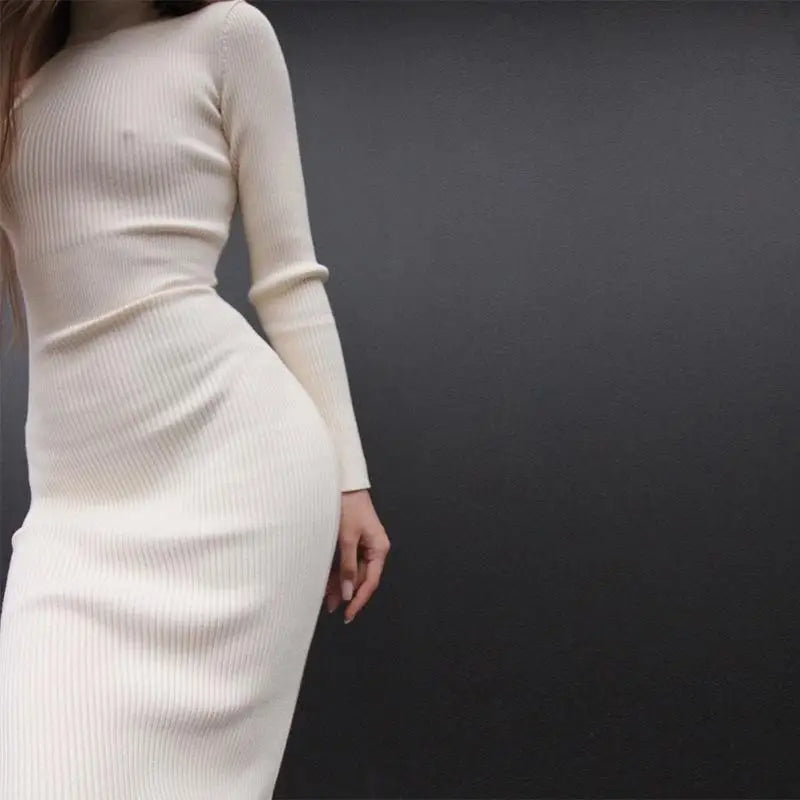 Turtleneck Knitted Midi Dress – Long Sleeve Bodycon Fit for Flawless Autumn & Winter Fashion Statements