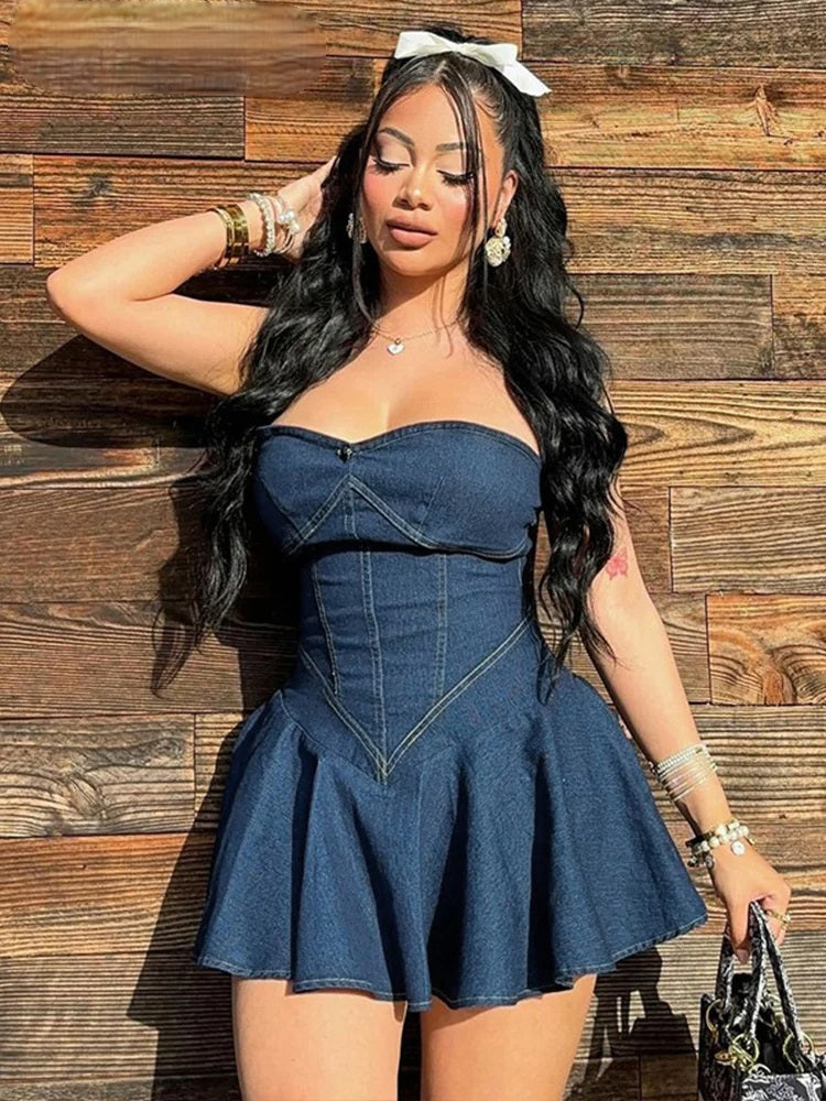 Nibber Pleated Denim Mini Dress – Sleeveless Chest Wrap Street Dress for Effortless Summer Cool Girl Aesthetic
