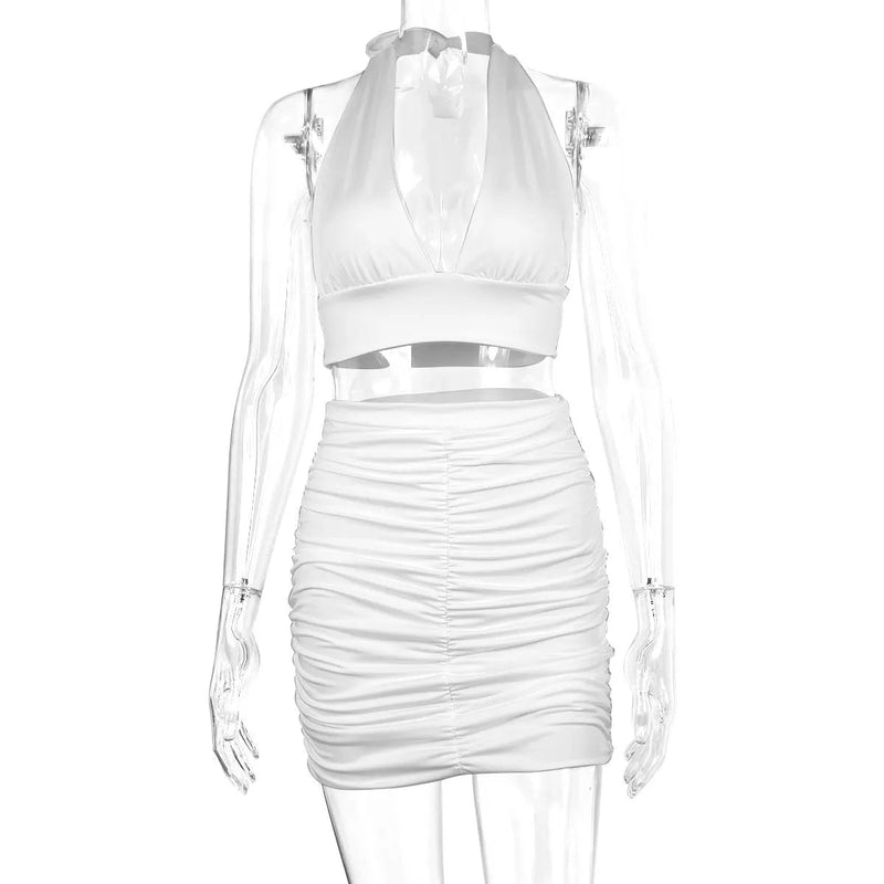Sexy Ruffle Mini Dress Set – Deep V Crop Top & Bodycon Skirt for Party Glam
