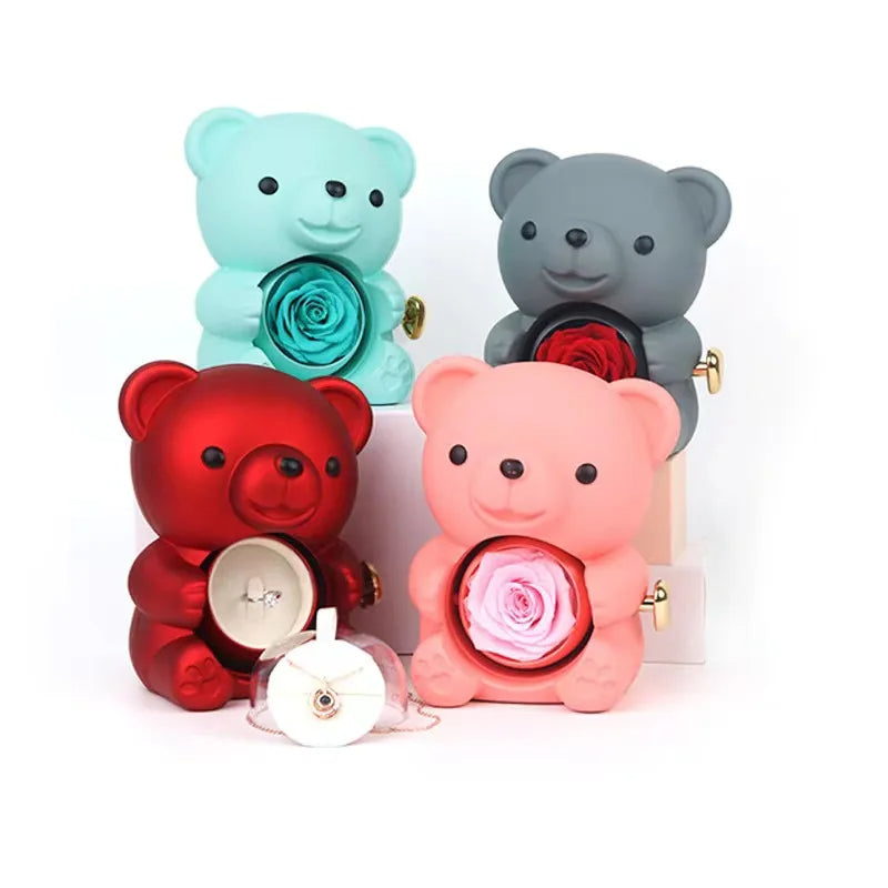 Eternal Rose Teddy Bear Necklace –  Personalized Engraved Name with Rotating Rose Jewelry Box for Her