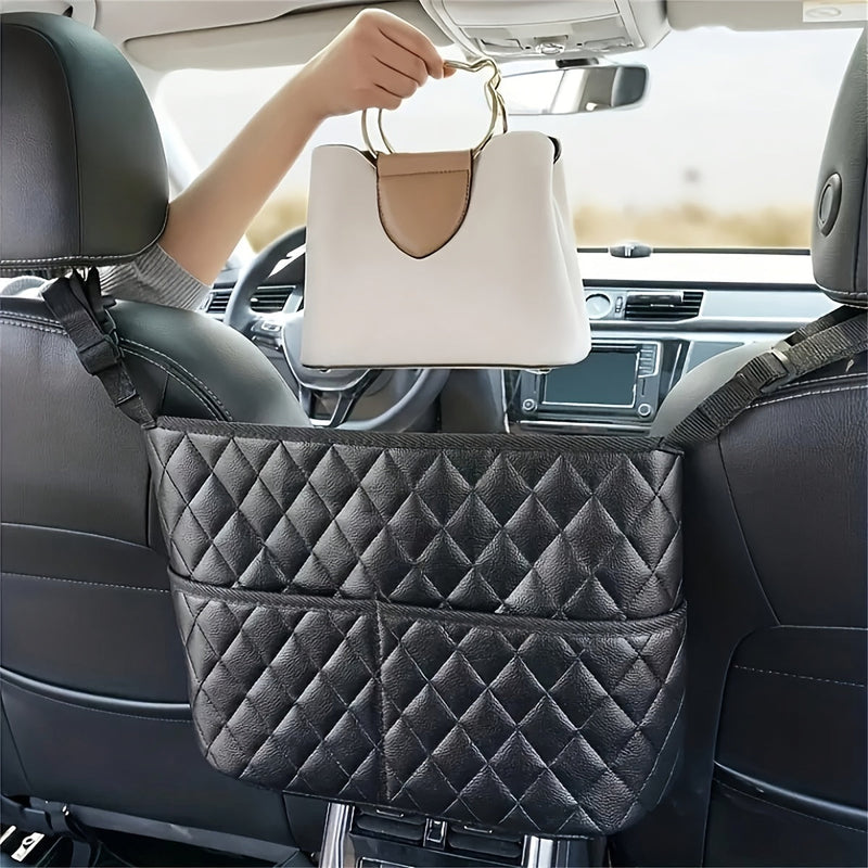 PU Leather Car Backseat Organizer – Quilted Diamond-Stitch Design with Mesh Pockets, Handbag Holder & Extra Storage for Cars/SUVs