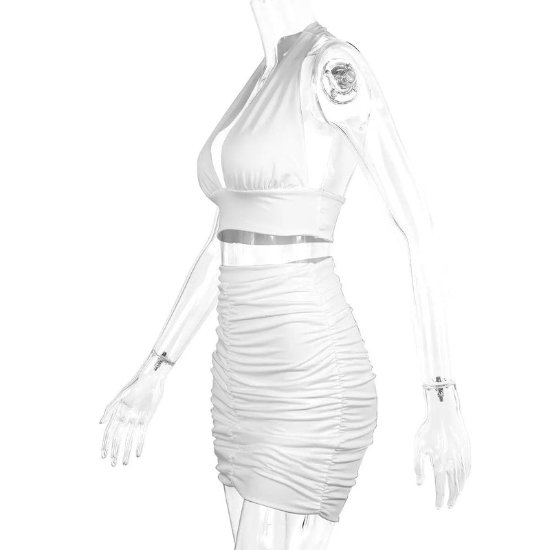 Sexy Ruffle Mini Dress Set – Deep V Crop Top & Bodycon Skirt for Party Glam