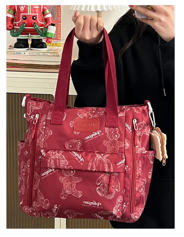 Bear Print Multi-Compartment Backpack Purse – Stylish & Spacious Nurse, Teacher & Laptop Bag