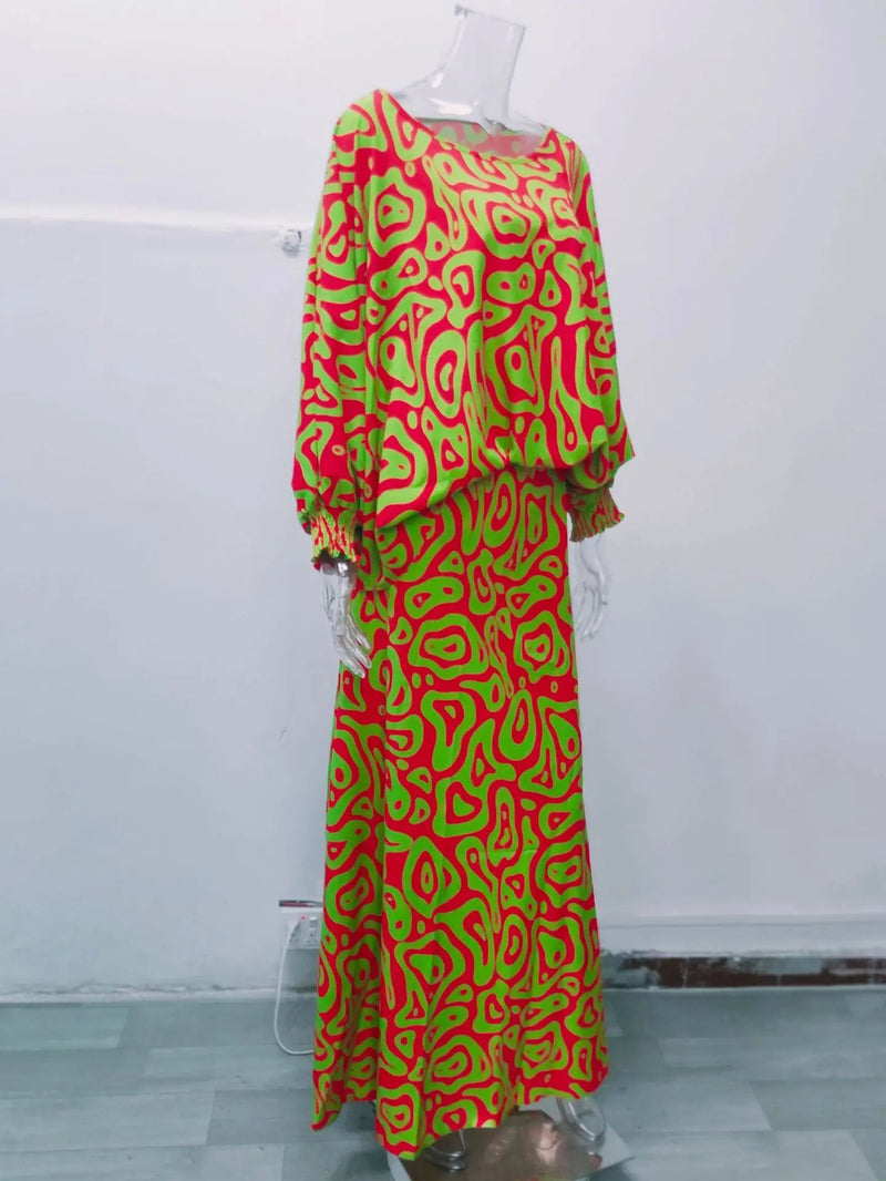 Floral Vacation Dress Set – 2-Piece Maxi Skirt & Blouse with Big Swing Hem for Summer Holiday Style