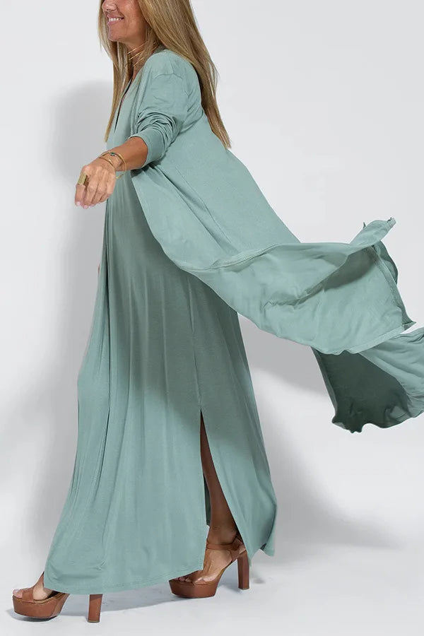 Chic V-Neck Dress & Cardigan Set – Sleeveless Long Vest Dress with Fall-Ready Casual Layered Elegance