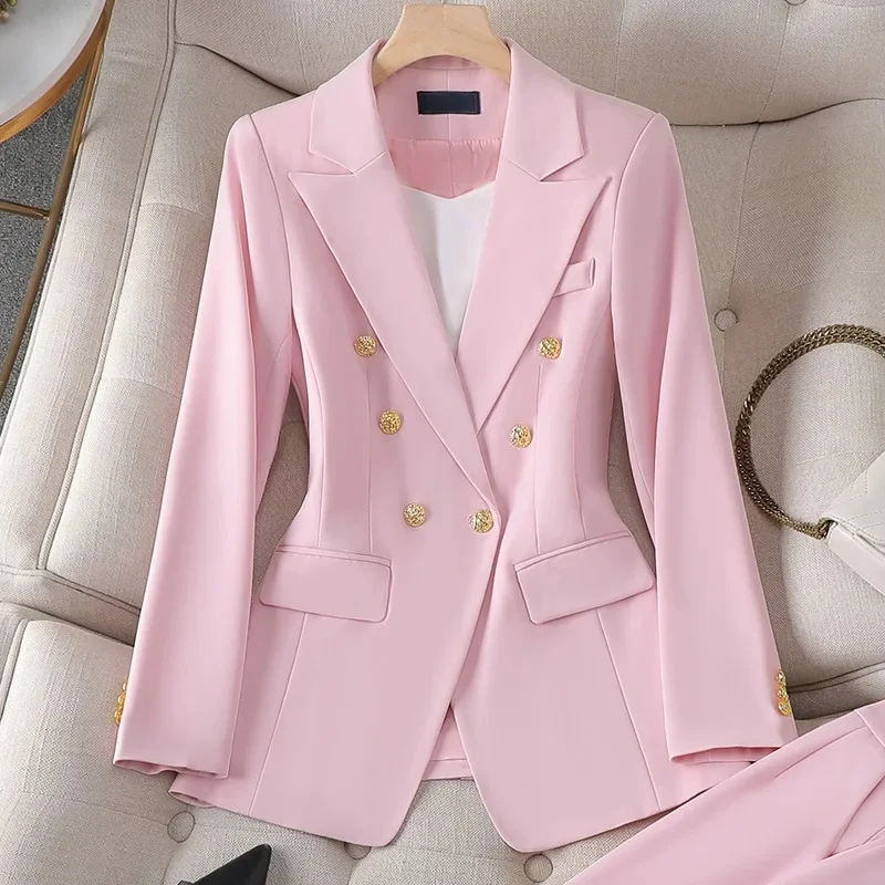 White Women's Double Breasted Business Suit – Western-Style Long Trousers Set for High-End Work Occasions