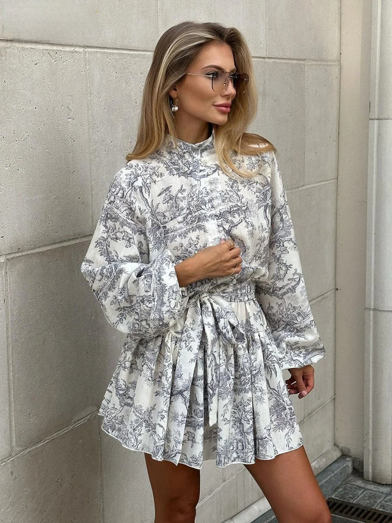 Ink Print Chic Puff Sleeve Mini Dress – Stand Collar Lace-Up Pleated Long Sleeve Dress for Effortless Elegance