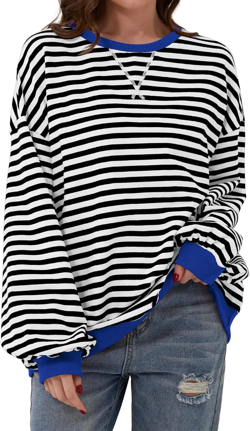 Oversized Striped Pullover Round Neck Sweatshirt – Casual Long Sleeve Crew Neck for a Laid-Back Yet Fashionable Look