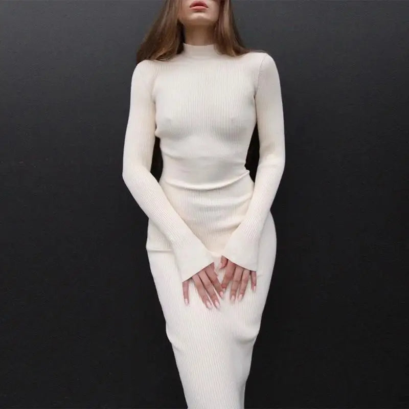 Turtleneck Knitted Midi Dress – Long Sleeve Bodycon Fit for Flawless Autumn & Winter Fashion Statements
