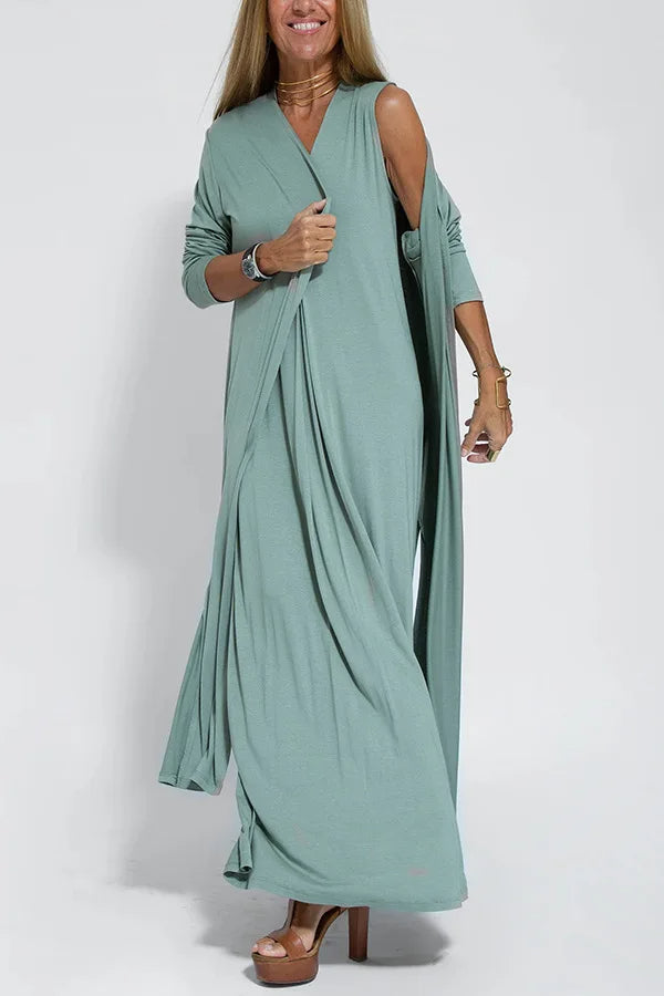 Chic V-Neck Dress & Cardigan Set – Sleeveless Long Vest Dress with Fall-Ready Casual Layered Elegance