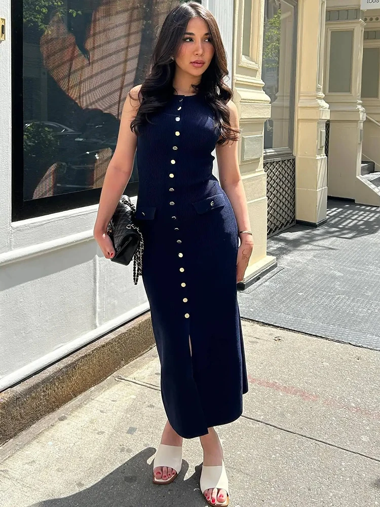 High Slit Knitted Maxi Dress for Women – Apricot Sleeveless Button Detail Bodycon Party Winter Dress