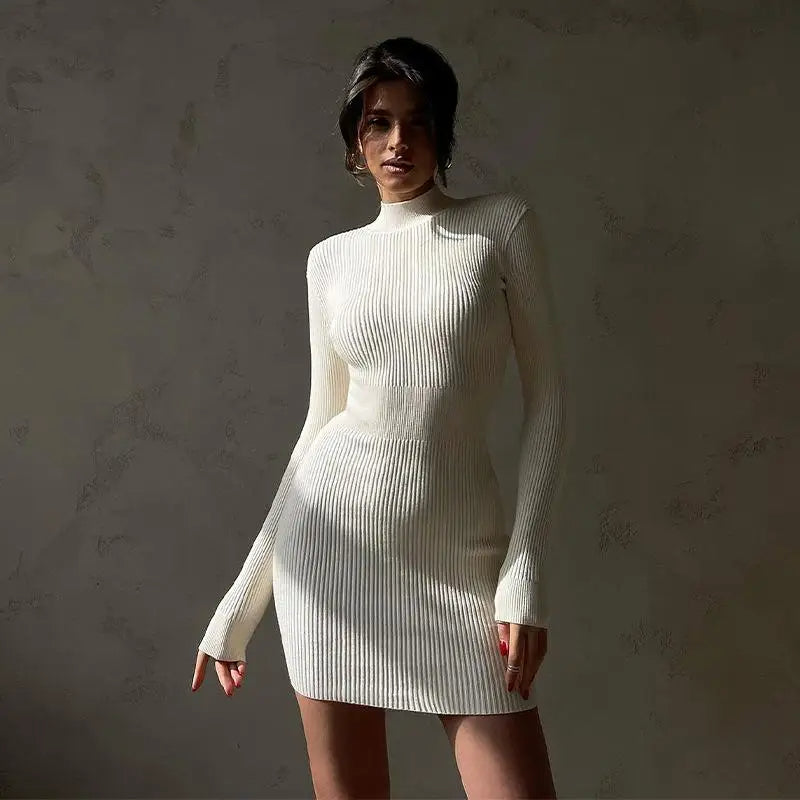 Turtleneck Knitted Midi Dress – Long Sleeve Bodycon Fit for Flawless Autumn & Winter Fashion Statements
