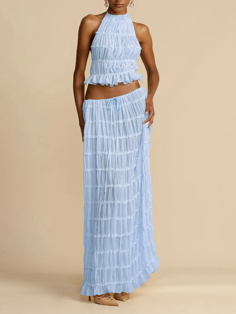 Sexy Two-Piece Hollow Out Set Dress – Backless Lace-Up Crop Top & Long Skirt for Beach & Club Vibes