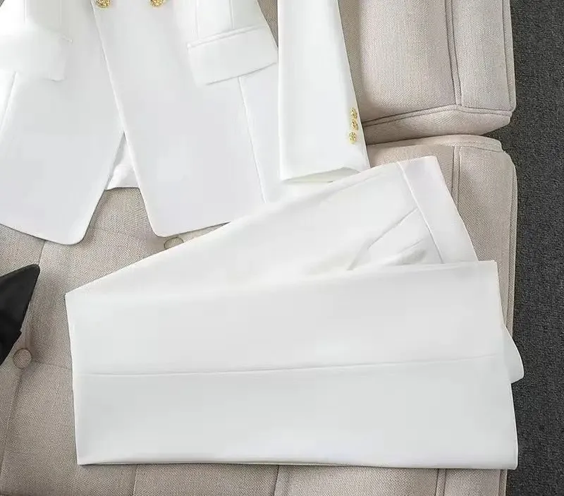 White Women's Double Breasted Business Suit – Western-Style Long Trousers Set for High-End Work Occasions