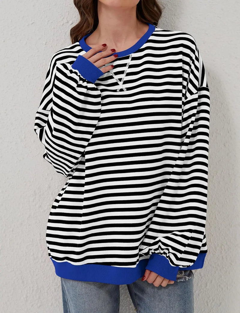 Oversized Striped Pullover Round Neck Sweatshirt – Casual Long Sleeve Crew Neck for a Laid-Back Yet Fashionable Look