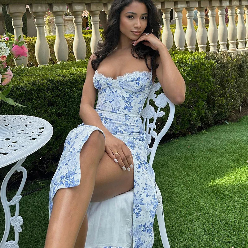 Floral Print Long Midi Lace Dress – Sleeveless Backless Bodycon Slit Dress for Club, Birthday & Party Nights