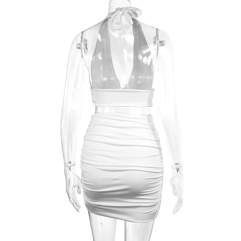 Sexy Ruffle Mini Dress Set – Deep V Crop Top & Bodycon Skirt for Party Glam