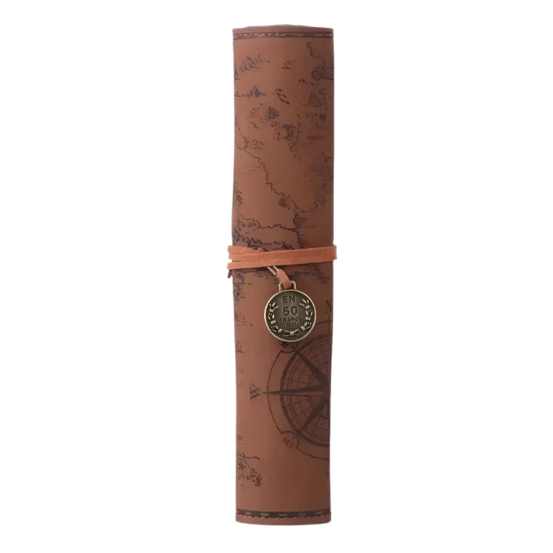 Retro Treasure Map Leather Pencil Case – Large Capacity Roll-Up Stationery Organizer with Embossed Buckle for Stylish School Supplies