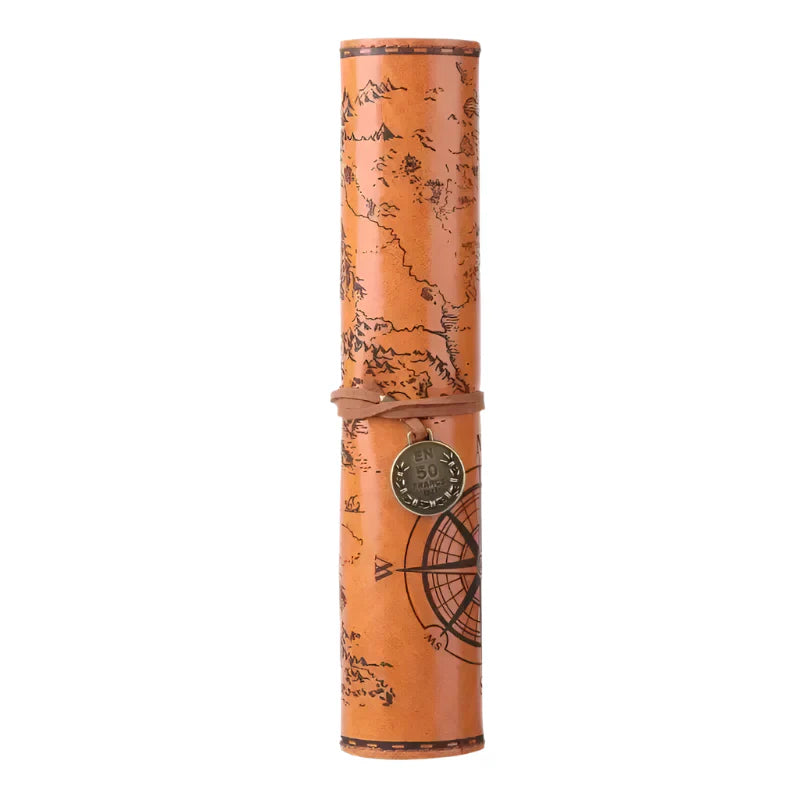 Retro Treasure Map Leather Pencil Case – Large Capacity Roll-Up Stationery Organizer with Embossed Buckle for Stylish School Supplies