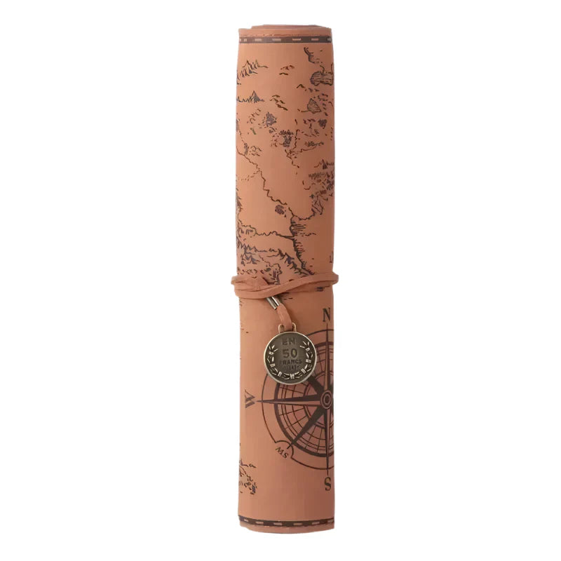 Retro Treasure Map Leather Pencil Case – Large Capacity Roll-Up Stationery Organizer with Embossed Buckle for Stylish School Supplies