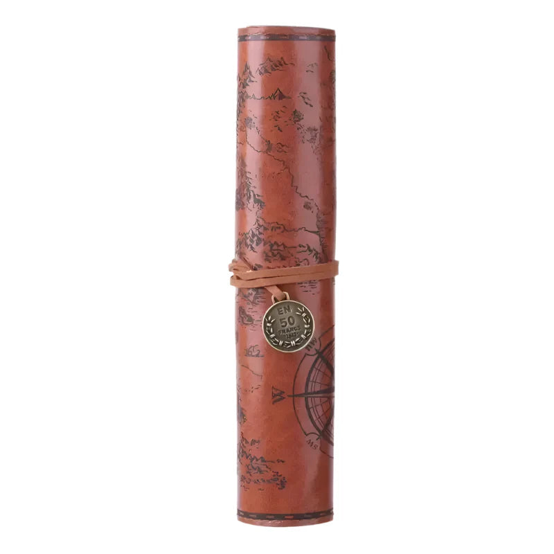 Retro Treasure Map Leather Pencil Case – Large Capacity Roll-Up Stationery Organizer with Embossed Buckle for Stylish School Supplies