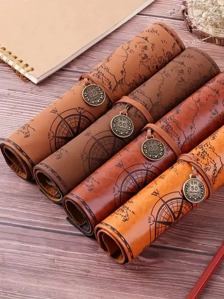 Retro Treasure Map Leather Pencil Case – Large Capacity Roll-Up Stationery Organizer with Embossed Buckle for Stylish School Supplies