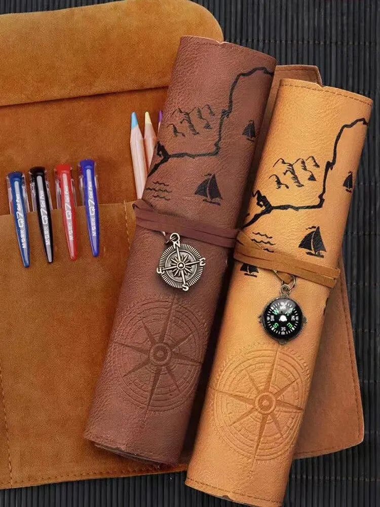 Retro Treasure Map Leather Pencil Case – Large Capacity Roll-Up Stationery Organizer with Embossed Buckle for Stylish School Supplies