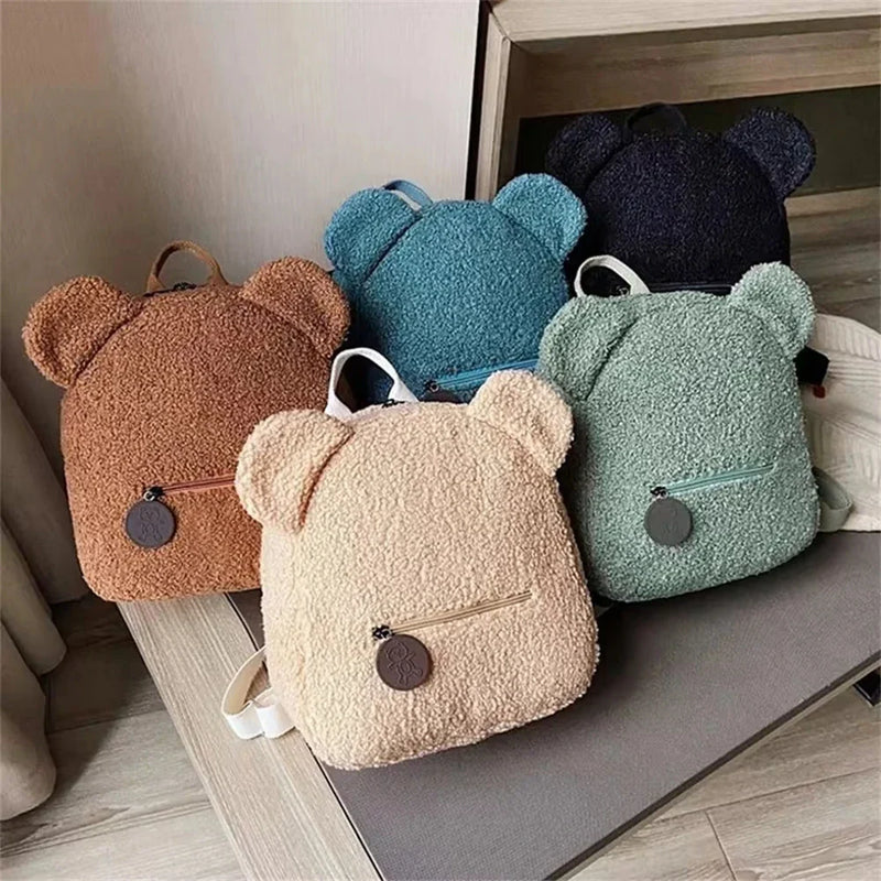 Cute Bear Ear Fleece Kids Backpack – Warm Lambswool Small Daypack for Girls, Travel, School, Shopping & Cozy Outings