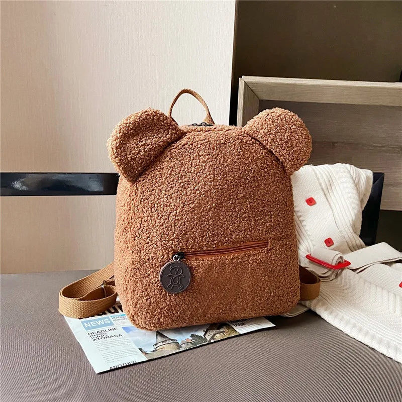 Cute Bear Ear Fleece Kids Backpack – Warm Lambswool Small Daypack for Girls, Travel, School, Shopping & Cozy Outings