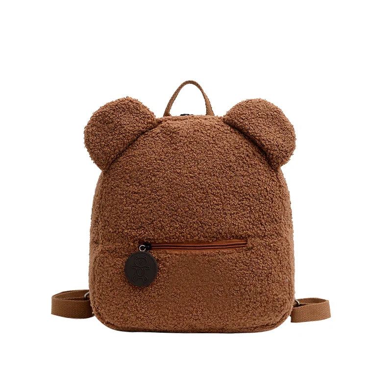 Cute Bear Ear Fleece Kids Backpack – Warm Lambswool Small Daypack for Girls, Travel, School, Shopping & Cozy Outings