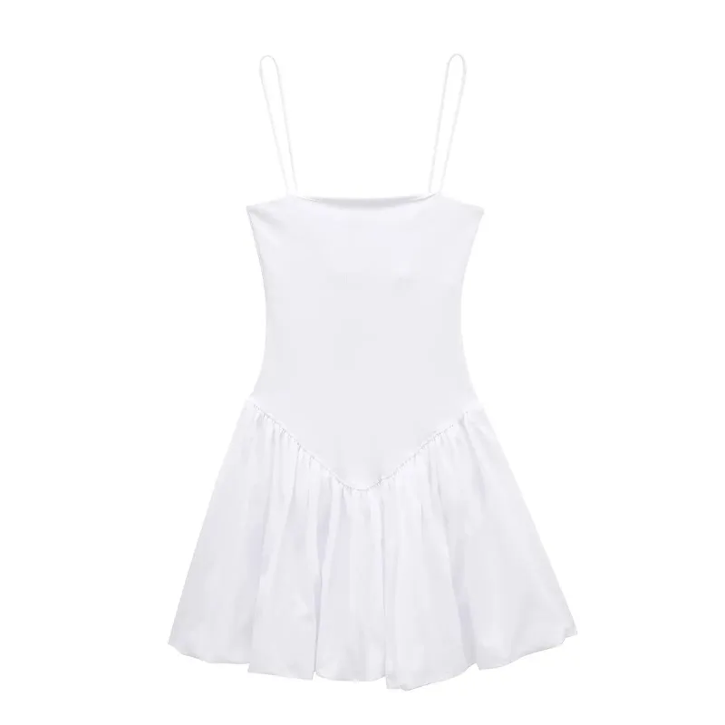 Poplin Balloon Mini Dress – Elastic Strap Sleeveless Chic Camisole Dress with High Waist Fit for Stylish Summer Days