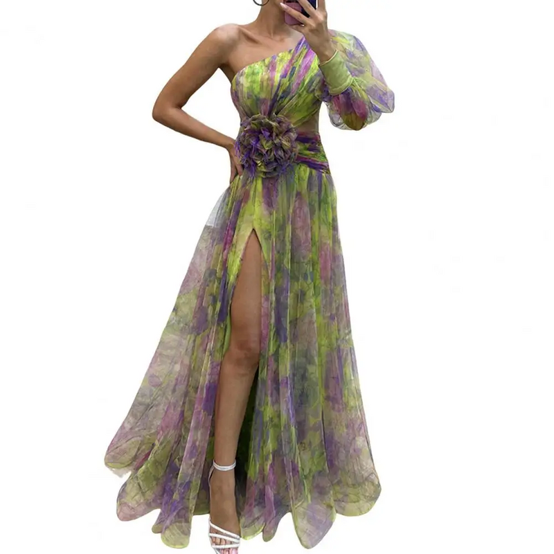 Mesh Tie Dye One-Shoulder Ball Gown with Slit – Floral Mesh Bubble Sleeve Split Evening Dress for Glamorous Events