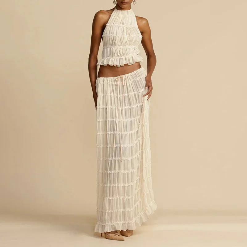 Sexy Two-Piece Hollow Out Set Dress – Backless Lace-Up Crop Top & Long Skirt for Beach & Club Vibes