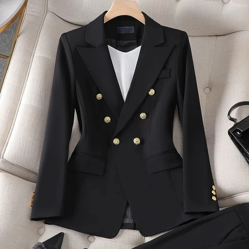 White Women's Double Breasted Business Suit – Western-Style Long Trousers Set for High-End Work Occasions