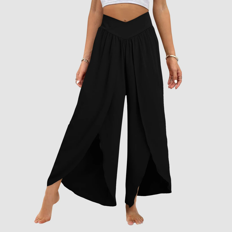 High-Waisted Loose Split Boho Palazzo Pants – Front Slit, Pleated, Plus-Size Beach & Yoga Essential