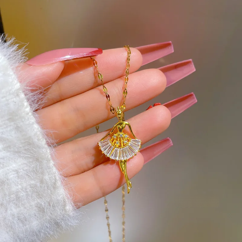 Ballet Dancing Girl Pendant Necklace - 18K Gold Clavicle Chain Jewelry for Elegant Everyday Charm