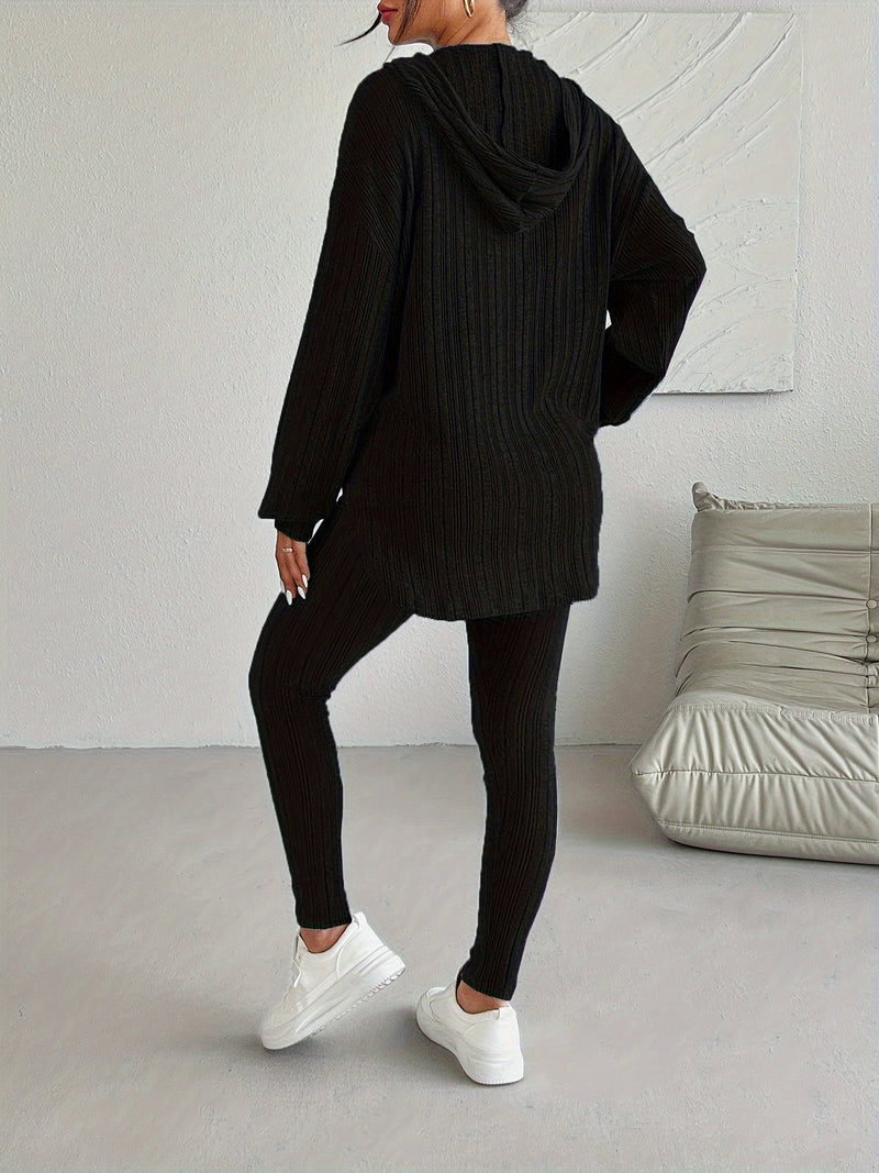 Women's Casual Ribbed Two-Piece Lounge Set – Hooded Long Sleeve Top & Fitted Pants for Relaxed Daily Wear or Travel Outfits