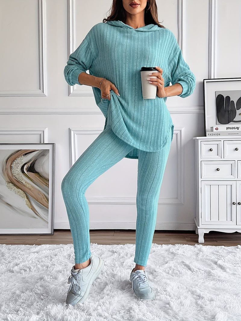 Women's Casual Ribbed Two-Piece Lounge Set – Hooded Long Sleeve Top & Fitted Pants for Relaxed Daily Wear or Travel Outfits