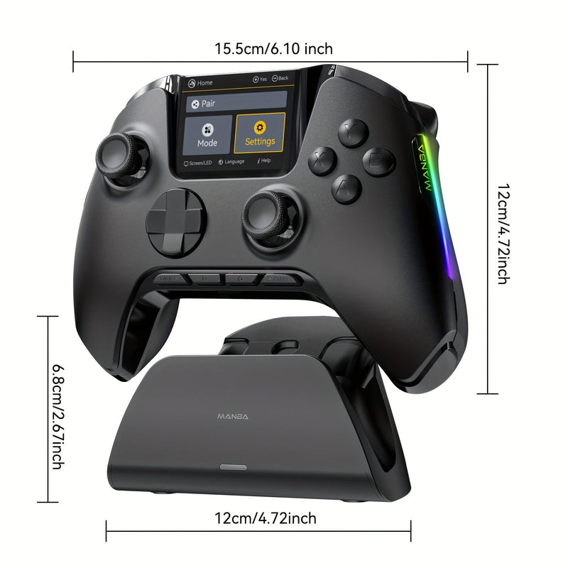 (No Drift)Interactive Screen Wireless Gaming Controller for PC/Switch/iOS/Android/Steam Deck, Hall Effect Stick & Trigger, RGB Lighting, Remappable Buttons, 1800mAh with Charging Dock-V2 (Black). Notice Not Compatible with Xbox,PS5 NOW