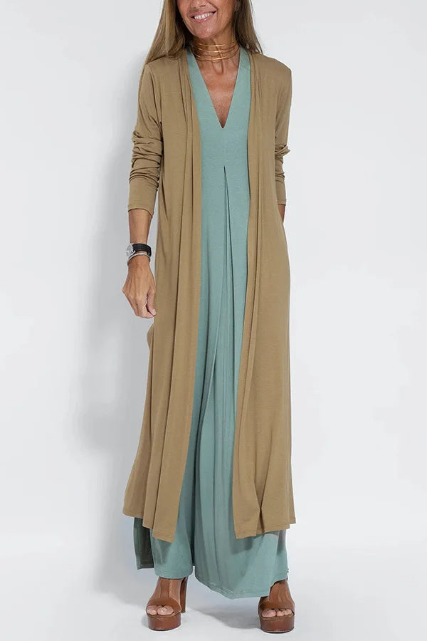 Chic V-Neck Dress & Cardigan Set – Sleeveless Long Vest Dress with Fall-Ready Casual Layered Elegance