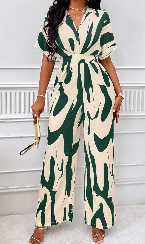 Printed Surplice V-Neck Jumpsuit – Bat Sleeve Wide-Leg Design with Waist Tie for Office Elegance