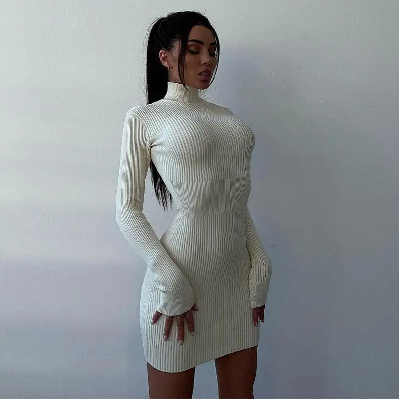 Turtleneck Knitted Midi Dress – Long Sleeve Bodycon Fit for Flawless Autumn & Winter Fashion Statements