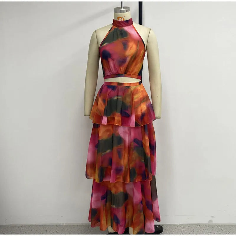 Bold Contrast Tie Dye Deep V-Neck Strap Dress – Backless Off-Shoulder Design for Spring Parties and Holidays