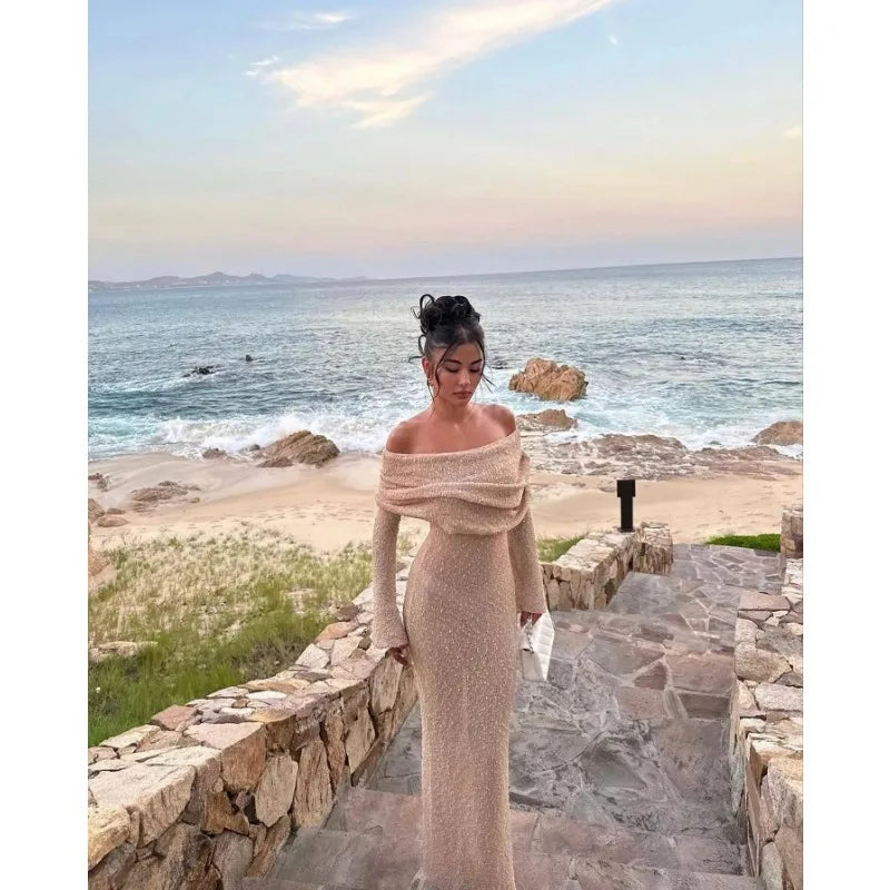 Off-Shoulder Knit Maxi Long Dress – Hollow-Out See-Through Cover-Up for Beach, Holiday, & Party Glam