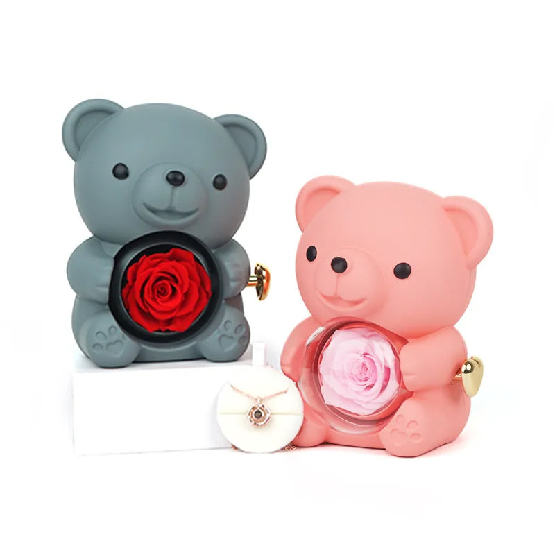 Eternal Rose Teddy Bear Necklace –  Personalized Engraved Name with Rotating Rose Jewelry Box for Her