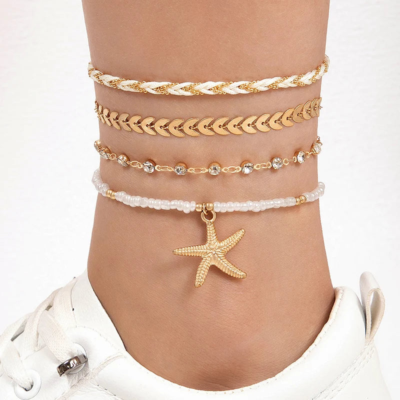 Tocona Bohemian Woven Rope Anklet Set – 4pcs Beaded, Shell, Multilayer Leaf Charms for Beach Style & Summer Wanderlust