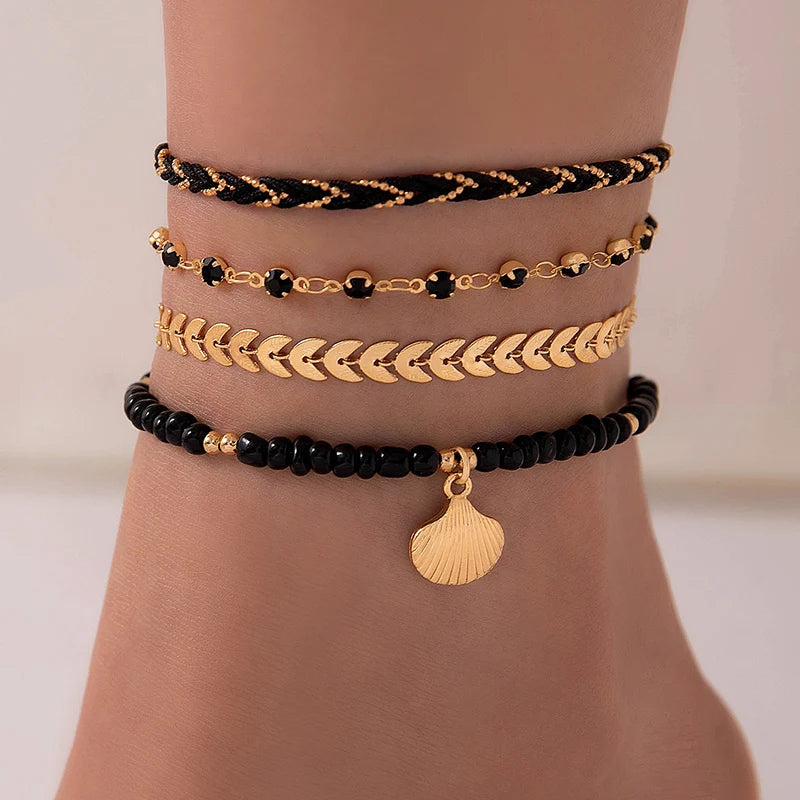 Tocona Bohemian Woven Rope Anklet Set – 4pcs Beaded, Shell, Multilayer Leaf Charms for Beach Style & Summer Wanderlust