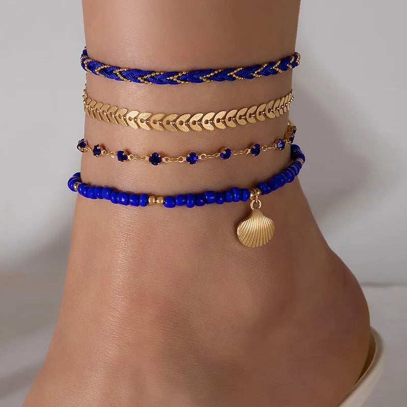 Tocona Bohemian Woven Rope Anklet Set – 4pcs Beaded, Shell, Multilayer Leaf Charms for Beach Style & Summer Wanderlust